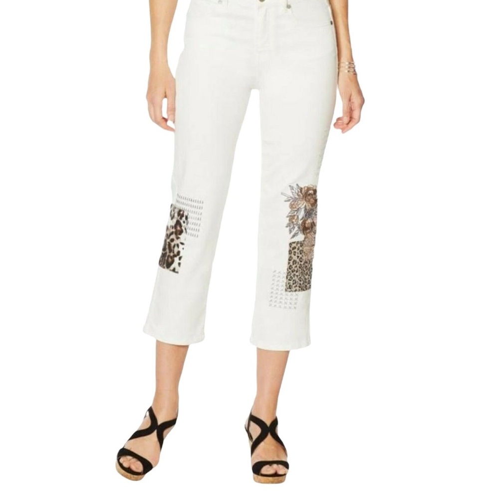 DG2 Diane Gilman Sz 10P Classic Stretch Embroidered Cropped White Jeans Leopard